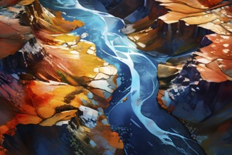 Aerial view perpendicular top down of an abstract colorful river along the coastline, AI generated