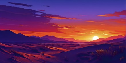 Abstract illustration of a sunset over a desert landscape in vivid and vibrant colors, AI generated