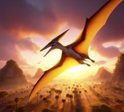 Prehistory, prehistory, a dinosaur, a flying dinosaur, a pterodactyl flies over a prehistoric