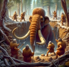 Prehistory, prehistory, mammoth hunt, a mammoth (Mammuthus) is attacked by ice age hunters in a