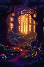 Enchanted magical forest in pixel art style with glowing mushrooms, AI generated