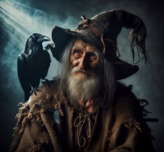 An old warlock with a raven on his shoulder, symbolic image myth, mythology, fairy tale, magic,