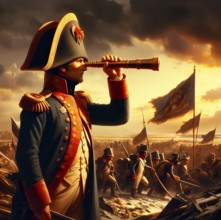 The French Emperor Napoleon Bonaparte stands with a telescope on a battlefield, AI generated, AI