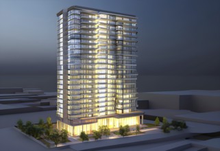 Three dimensional rendering of an illuminated modern high-rise office building, AI generated