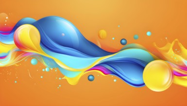 Abstract wallpaper with colorful turquoise and yellow blobs and liquid shapes on a orange