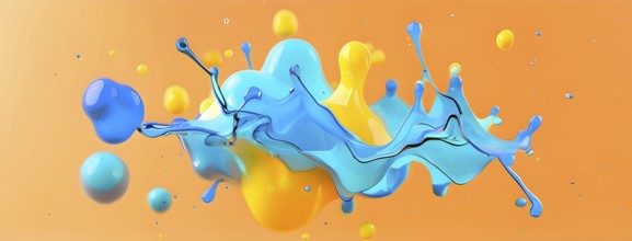 Abstract wallpaper with colorful turquoise and yellow blobs and liquid shapes on a orange