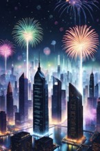 Wallpaper illustration of a cityscape on New Year's Eve, with glowing skyscrapers and floating