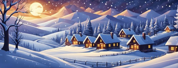 Cozy winter night scene with abstract forms representing a snow-covered village, AI generated