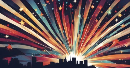 Wallpaper illustration of an explosion of vibrant fireworks colors in a night sky, symbol for happy