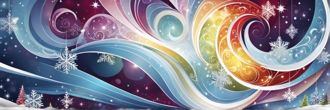 Abstract illustration wallpaper of different Christmas symbols, vibrant colors and soft swirling