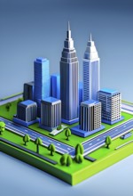 Three dimensional rendering of a model of a city with skyscrapers, AI generated