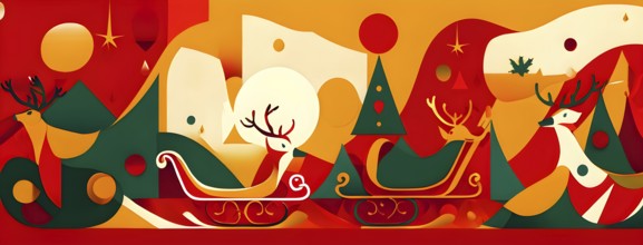 Whimsical abstract scene with stylized reindeer and sleighs to capture the magic of Christmas, AI