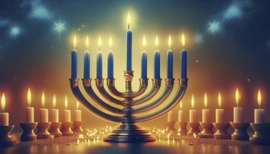 Hanukkia, eight-armed Hanukkah candlestick with lit candles, symbolic image for Hanukkah, Jewish