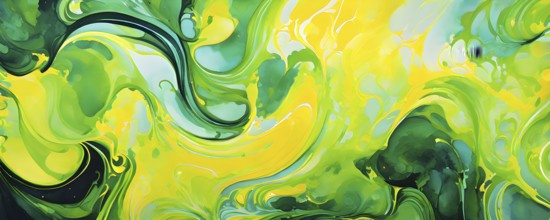 Abstract swirled pattern intertwining gradients of vibrant green and yellow colors, AI generated