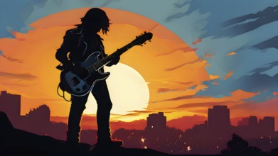 Illustration of a rock star silhouette clutching guitar against abstract urban skyline morphing