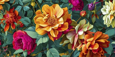 Illustration background of lush floral pattern with vivid flowers and leaves, AI generated