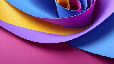 Illustration of abstract geometric flat lay composition of papers in hues of purple yellow magenta