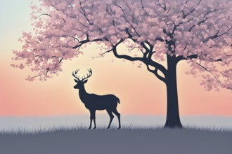 Abstract minimalist spring scene with a single, sharp silhouette of a deer and of a blooming tree,