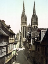 Cathedral of St Corentin, City of Quimper in Brittany, France, 1890, Historical, digitally restored