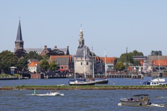 City view of Hoorn from the Markermeer, historic city centre with Hoofdtoren tower and Grote Kerk