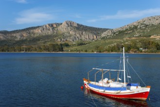 Small boat on a calm sea with mountains and blue sky in the background, Agia Kyriaki, Nafplio,