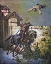 Illustration by Gustave Dore (1832-1883) for Sancho Panza is thrown into a blanket from Don Quixote