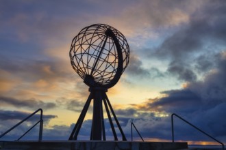 Steel globe at the North Cape in the evening light, Nordkapp, Finnmark, Norway, Europe