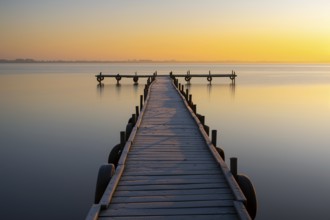 Sunrise at Lake Dümmer, jetty, path, jetty, stillness, lake, Dümmerlohhausen, Lower Saxony,