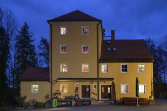 Former Frohnhof corn mill at dusk during the blue hour, Eckental, Middle Franconia, Bavaria,