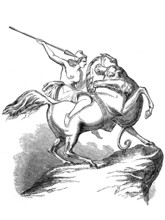 Woman, Amazon on horseback fighting a lion, illustration from 1884, historical, digital