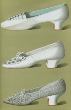 Shoe fashion in 1900, Women's shoes, Shoe of white silk with small netted buttons resting on