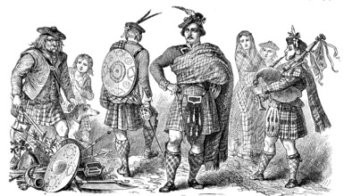 National traditional costume from Scotland, men in kilts, illustration from 1880, historical,