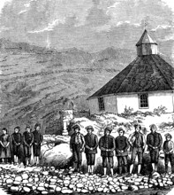 Church on Strömö, main island of the Faroe Islands, with a group of locals, in 1890, Historical,