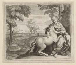 Young Woman with a Unicorn, c. 1602, Italy, Historic, digitally restored reproduction from a 19th