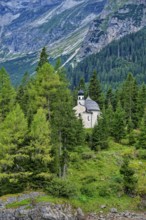 Lake chapel Maria am See, Obernberger See, mountain lake, landscape of the Stubai Alps, weather