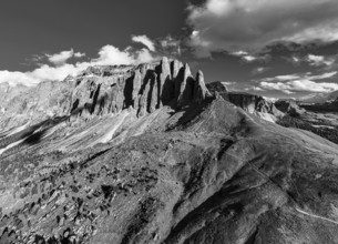 The peaks of the Puez Group, drone image, black and white image, Val Gardena, Dolomites, Autonomous