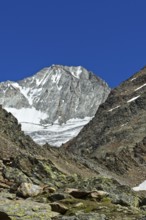 Wide scree fields in front of the Bietschhorn summit, Lötschental, Valais, Switzerland, Europe