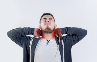 Sore person with neck pain isolated. Neck pain and stress concept