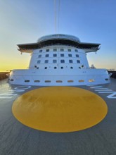 Cruise ship Mein Schiff 6, view from the hump to the bridge, at sunrise, North Sea, Denmark, Europe