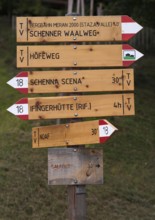 Signposts, signpost forest, signposts, Schenner Waalweg, Neuwaal, Schenna, Scena, South Tyrol,