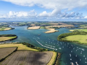 Salcombe and Mill Bay over Kingsbridge Estuary from a drone, Batson Creek, Southpool Creek, Devon,