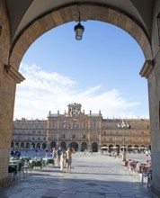 Plaza Mayor viewed through an arcade, Salamanca, Salamanca province, Castile and Leon, Spain,