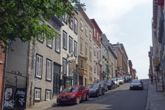 A car-lined street in a town of brick buildings and trees under a sunny sky, Quebec, Quebec City,