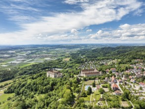 Aerial view of Heiligenberg Castle, a Renaissance-style castle complex, administrative district of