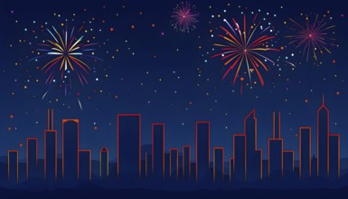 Minimalist, geometric skyline at night, with subtle fireworks in the sky, represented by colorful