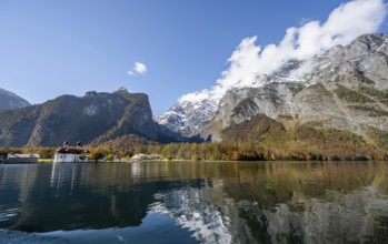 Königssee with Watzmann massif and pilgrimage church of St. Bartholomä, autumnal mountain landscape