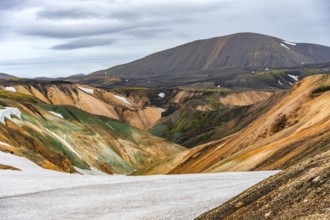 Colourful volcanic landscape with hills and snow, Laugavegur trekking trail, Landmannalaugar,