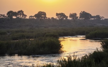 Sabie River at sunrise, river landscape with atmospheric sunrise, Kruger National Park, South