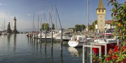 Harbour with Bavarian Lion, lighthouse and man tower, Lindau, Lake Constance, Bavaria, Germany,