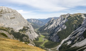 View of the Falzthurntal valley, in autumn, Karwendel mountains, Alpenpark Karwendel, Tyrol,